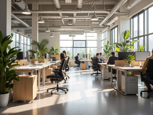 现代化办公室环境,员工正在讨论项目方案,玻璃隔断会议室,绿色植物装饰,明亮自然光线