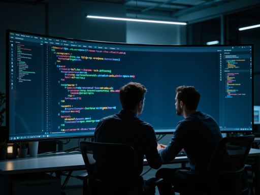 技术团队工作场景,多个程序员在电脑前编程,代码界面显示,现代化办公环境,团队协作氛围